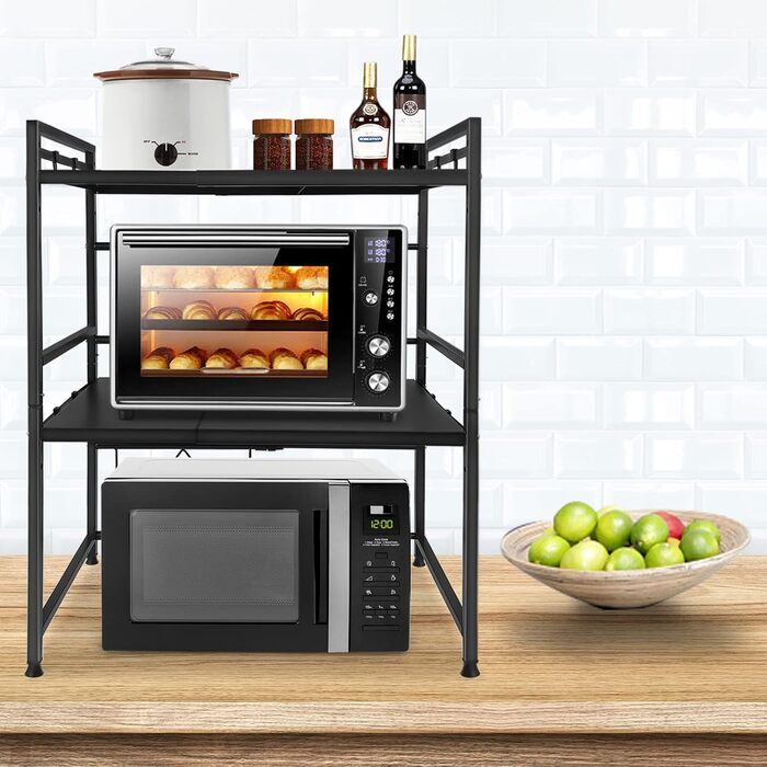 Expandable Microwave Shelf with 8 Hooks, 3-Tier Microwave Stand Freestanding Shelf Microwave Holder Baker's Rack Organizer for Kitchen Countertops, Black