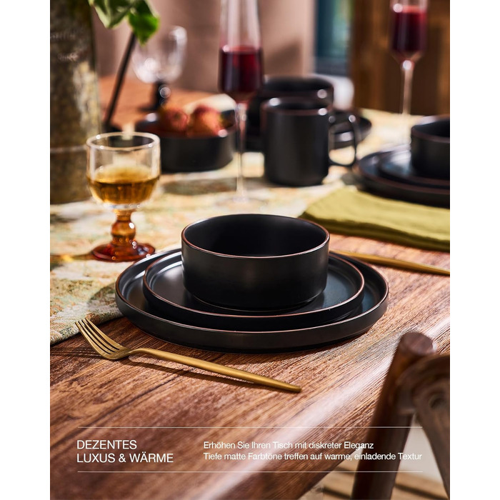 Набір посуду Mercury, 12 предметів: тарілки, супові миски, десертні тарілки, набір для 4 осіб, кераміка, колір графіт (матовий чорний), безпечний для мікрохвильової печі та посудомийної машини