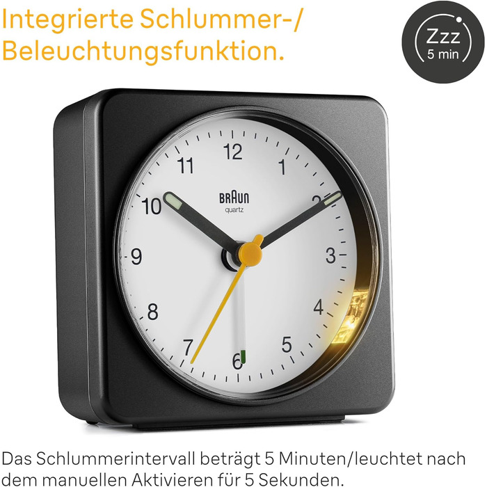 Braun Classic Analog Alarm Clock with Snooze Function and Light, Silent Quartz Movement, Crescendo Alarm, Black and White Model BC03BW.