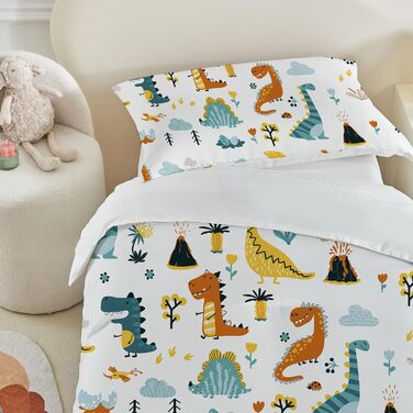 Комплект постільної білизни для ліжечка DJDEA для хлопчиків з динозаврами, 100x135 см, мікрофібра, 2 шт. (простирадло 100x135 см + наволочка 40x60 см)