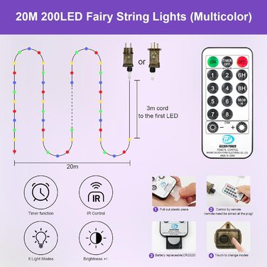 LED гірлянда світлодіодна, 23м, 200 LED, на батарейках, з таймером, 8 режимів, для дому та саду, на Різдво, весілля, Хелловін, свята, декор (1 шт, холодне біле світло)