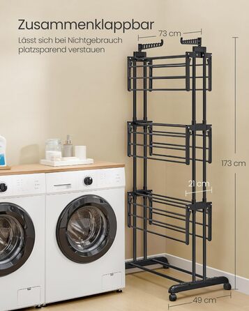 SONGMICS Сушарка для білизни на коліщатках, 4 яруси, чорна, 63.5 x 125.5 x 173 см, LLR703G01