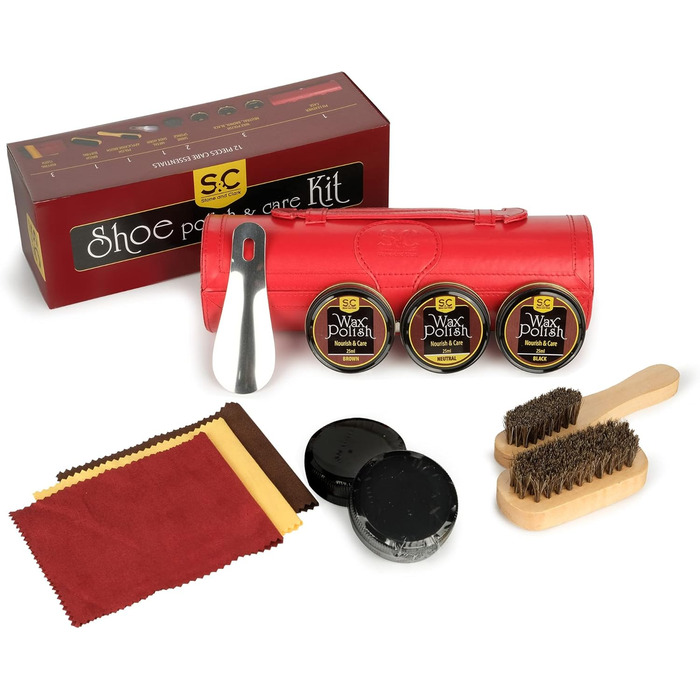 Stone & Clark 12-Piece Shoe Cream & Leather Care Set with Brown Wax, Shoe Brushes for Polishing, Compact Shoe Shine Kit with Horsehair Brushes & PU (Case: Hot Red)