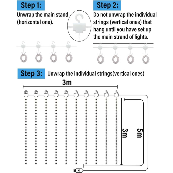 Ламповий фонтан 3x3м, 300 LED, USB, 8 режимів, пульт, IP65, для декору, свята, вечірки, тепле світло, мідний дріт