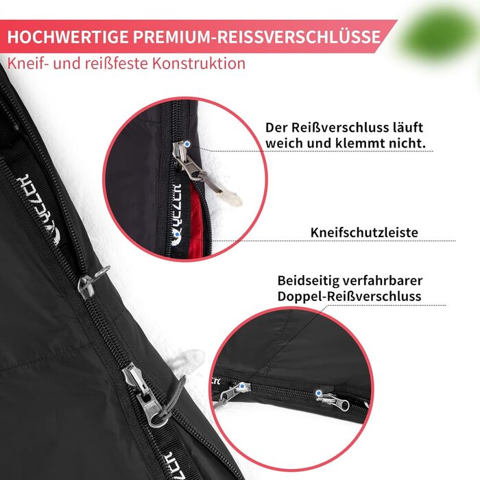 Спальний мішок пуховий, 4-сезонний, зимовий -3°C до -20°C. Підходить для кемпінгу, піших прогулянок та відпочинку на природі для дорослих та дітей. Чорний, температурний режим -3°C до -12°C