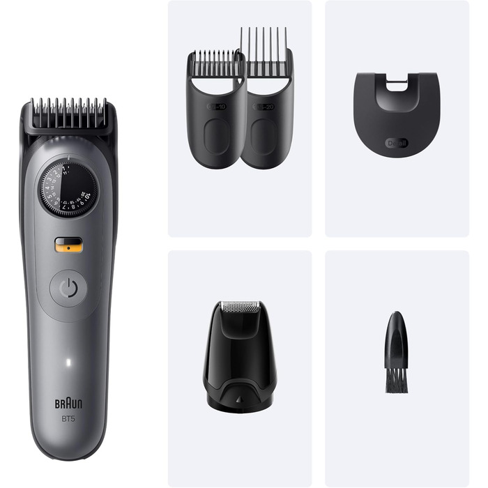 Триммер для бороди Braun Series 5 BT5525: Електрична машинка для стрижки бороди з 5 насадками, водонепроникна, 40 налаштувань довжини, сірий