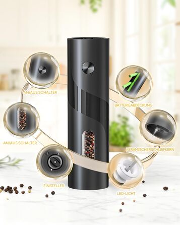 Електричні соляні та перечні млини, верхнє завантаження, 5-рівневе регулювання помелу, об'єм 120мл, набір 2 шт. з підсвічуванням LED