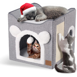 Foldable Cat House, 2-Tier Cat Cave Cube Large Space Cat Bed with Scratching Board and Play Ball for Small to Medium Pets Indoor Retreat 40 * 40 * 35cm Grey