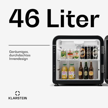 Klarstein Audrey Evo: Холодильник для напоїв 68L, Ретро-дизайн, LED-підсвічування, подвійне скління, 0-10°C, Клас енергоефективності C, регульовані ніжки, чорний