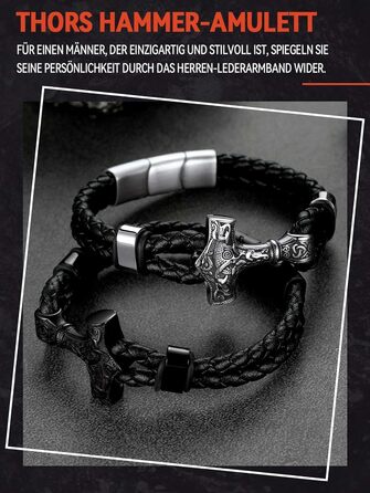 Браслет вікінга FaithHeart для чоловіків: браслет з молотом Тора, плетіння з екошкіри, ретро-дизайн, з подарунковою коробкою, 23 см, чорний