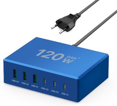 Зарядний пристрій USB-C 120W GaN, багатопортова станція 6 портів для iPhone/Samsung/Google/планшетів, синій