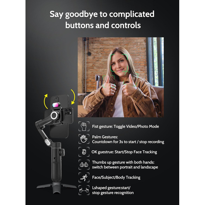 Стабілізатор для смартфона AOCHUAN Smart X Pro Kit: 3-осьовий гiмбал з RGB-фiллером, трекер обличчя, для iPhone/Android, чорний