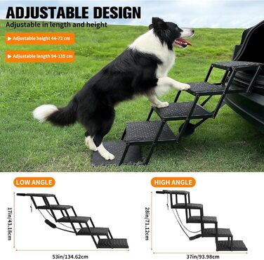 Сходинки для собак на 5 сходинок, розкладні – пандус для собак, витримує до 100 кг, регульована висота 44-72 см, щадна для суглобів, антиковзка, для маленьких, середніх та великих собак