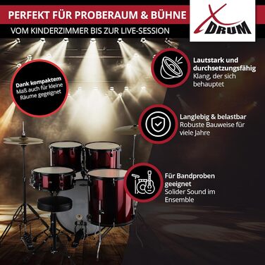 XDrum Rookie 20' барабанний комплект для студії Ruby Red – ідеальний для початківців, стильне чорне обладнання, з паличками, інструкцією та школою барабанів – червоний