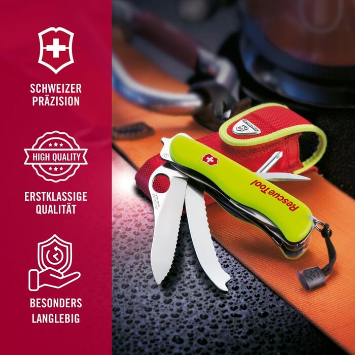 Мультитул Victorinox Rescue Tool MW - рятувальний ніж для пожежників, 13 функцій, лезо з хвилястим лезом, фіксація однією рукою (жовтий)