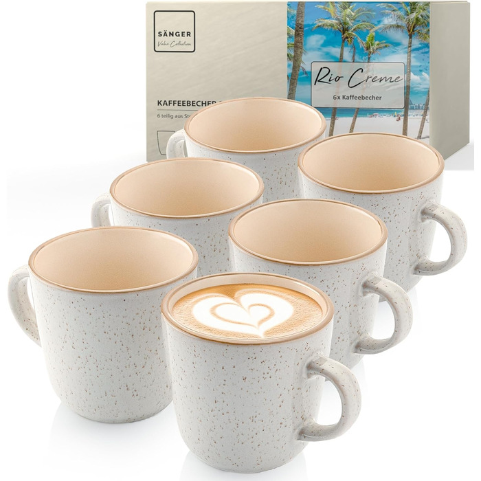 Набір кавових чашок SÄNGER Rio Creme (6 шт.) з кераміки, 430 мл. Підходять для кави, чаю, мультифункціональні, безпечні для миття в посудомийній машині та використання в мікрохвильовій печі.