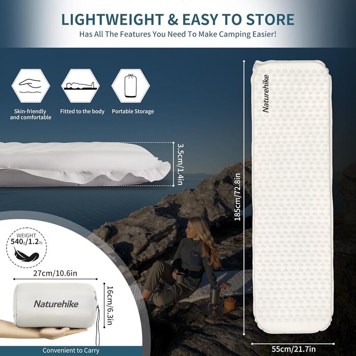 Naturehike Yugu: самонадувний килимок для кемпінгу та трекінгу (3,5 см) сірий