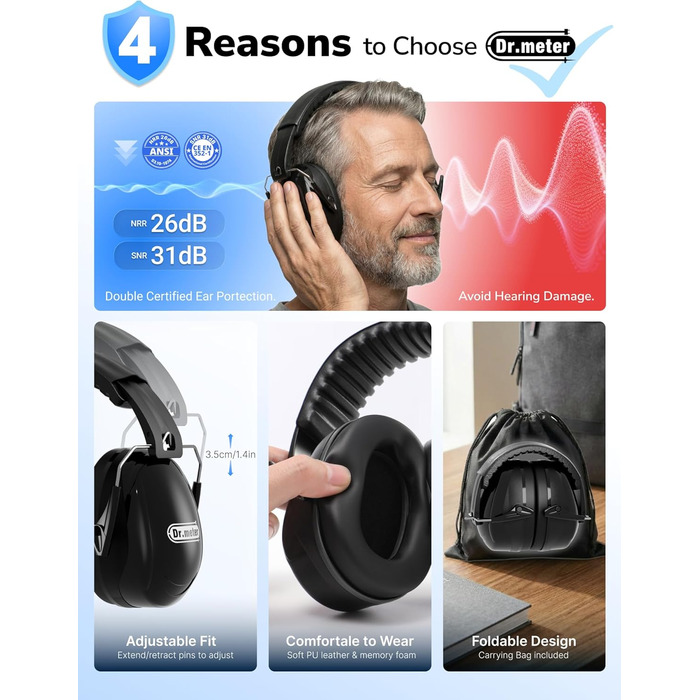 Захисні навушники Dr.meter SNR 31dB: комфортні, регульовані, для будівництва та саду (чорні)