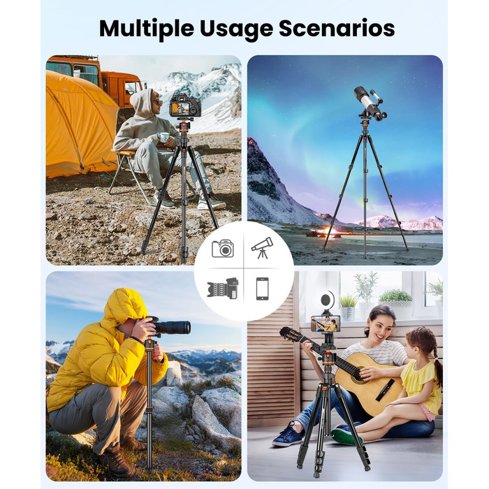 Штатив для камери JOILCAN з алюмінію, 168 см, міцний туристичний штатив з поворотним голковим кріпленням 360° та тримачем для телефону, вантажопідйомність 8 кг, для DSLR Canon Nikon Sony, штатив для iPhone/Smartphone