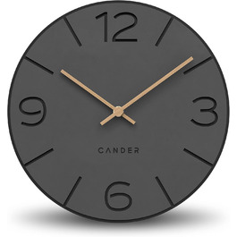Cander Berlin MNU 2630 Y Wall Clock Silent, No Ticking, 30 cm, Analog, Living Room, Modern, Vintage, Grey, Black, Wooden Hands