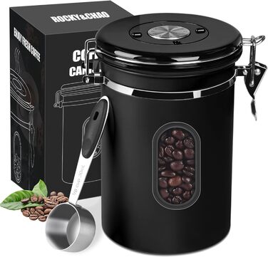 Контейнер для кави Rocky & Chao 1.8L з нержавіючої сталі, герметичний, для кавових зерен, чаю, горіхів, какао (Чорний)