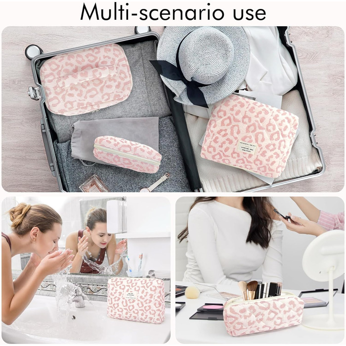 Набір косметичок для жінок: 3 шт. (рожевий леопард) - великі та маленькі, для макіяжу, подорожей, організації косметики