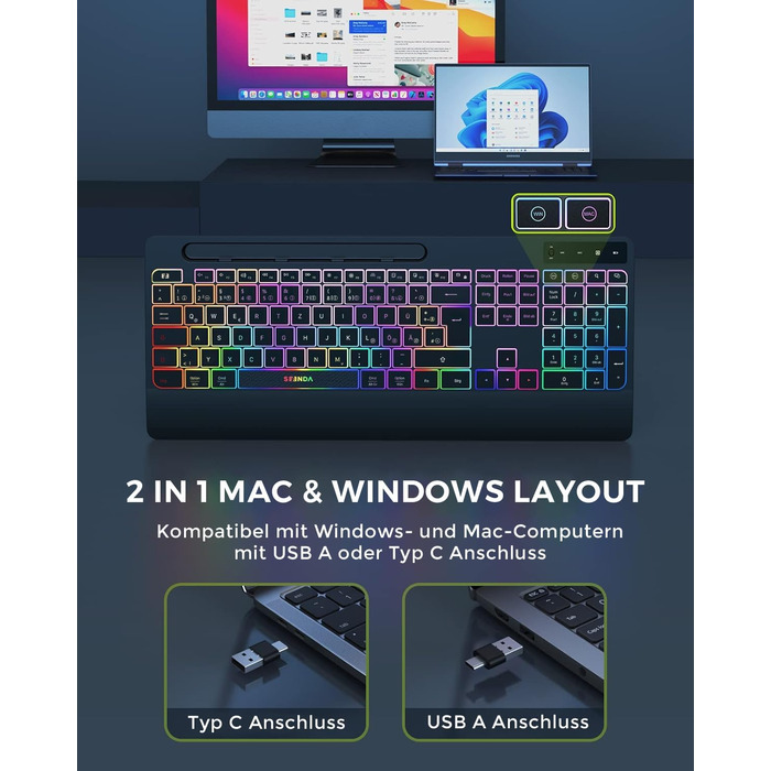 Бездротовий комплект клавіатури та миші Seenda JPX006 з підсвічуванням, USB/Type-C, QWERTZ, з підставкою для телефону та підкладкою для зап'ястя, для PC/Windows/Mac, тихий клік, чорний
