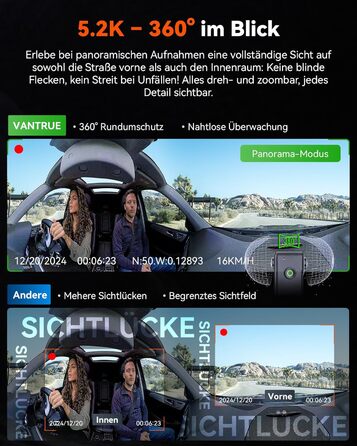 Панорамний відеореєстратор VANTRUE E360 5.2K Dual STARVIS 2 HDR 360°, сенсорний екран 1.54