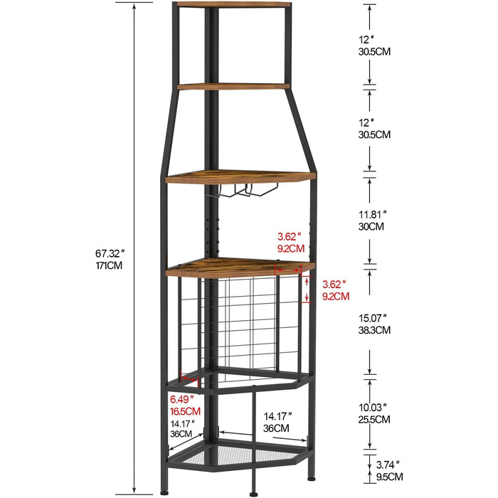 VEDECASA Corner Wine Rack Freestanding 5-Tier Corner Bar Shelf with Glass Holder and Wine Storage Industrial Wine Rack Wine Bar Cabinet for Kitchen Bar Cellar Dining Room vintage brown-black
