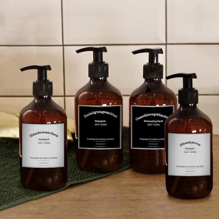 Набір дозаторів для мила, 4 шт., 500 мл, з етикетками, набір флаконів для душу, шампуню (300 мл, коричневий)