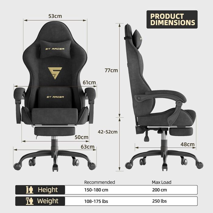 Геймерське крісло Ferghana Ergonomischer з підголівником та підтримкою спини, тканинне, чорне - для офісу та ігор