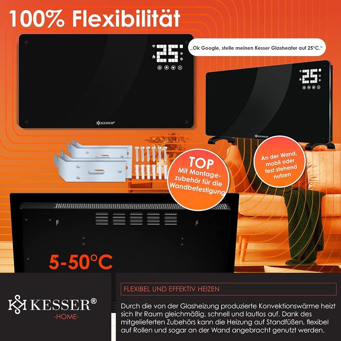 Електричний конвектор KESSER® з Wi-Fi, LCD-дисплеєм та пультом керування. Чорний, 2500 Вт. Можливість встановлення на стіну або на підлогу.
