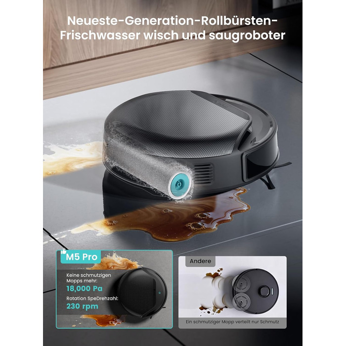 Робот-пилосос LEFANT M5 Pro-B з пультом дистанційного керування, 2200Pa, для шерсті тварин, з базою для зарядки, сумісний з Alexa та керуванням через APP, час роботи 120 хв