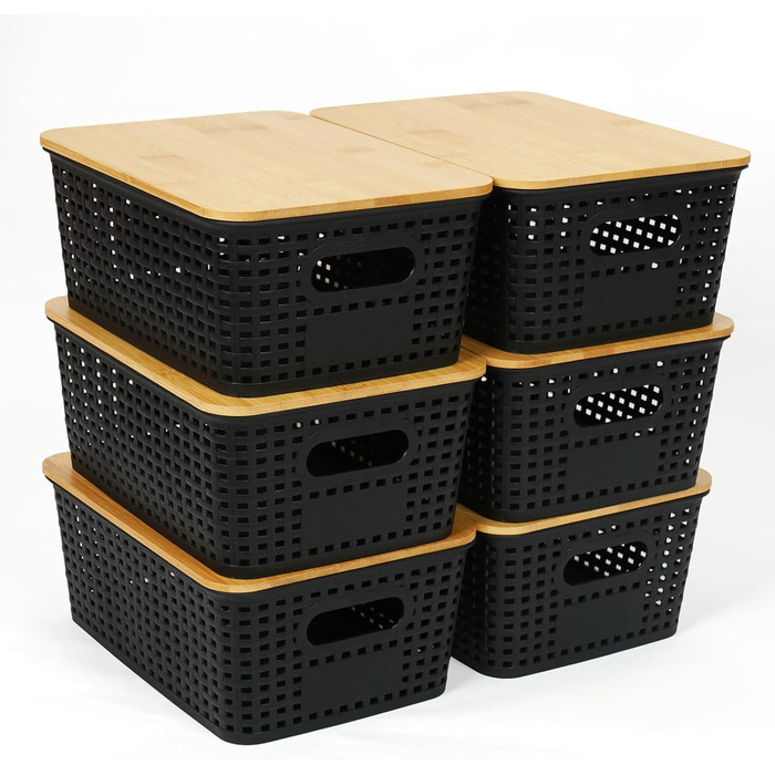 UHAPEER Storage Box with Bamboo Lid, 6 Pack Storage Basket, Plastic Basket Storage, Kitchen Organizer White, Stackable Storage Boxes, Box with Lid 25.6 x 18 x 10.7 cm (Black)