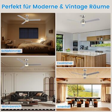 Стеляний вентилятор CJOY з підсвічуванням, 107 см, з пультом керування, тихий, DC, реверсивний, пам'ять 3CCT, диммування, 6 швидкостей, таймер для спальні (132 см - срібний)