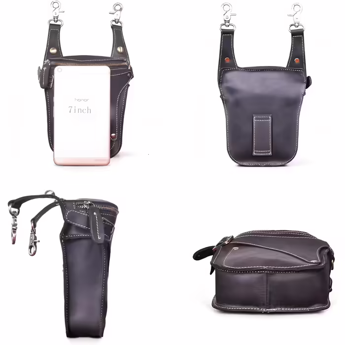 Le'aokuu Men's Leather Motorcycle Hip Bag Messenger Shoulder Drop Leg Bag (9326 Dark Black)