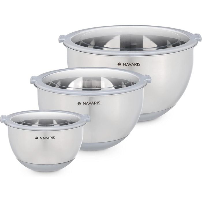 Navaris Stainless Steel Bowl Set with Lid - 3-Piece Mixing Bowl Salad Bowl - Stainless Steel Bowl Bowl Set Container in Grey