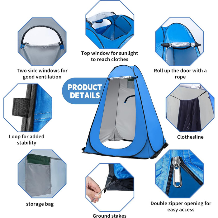 OUUTMEE Pop-Up Shower Tent - Portable Changing Room for Beach, Outdoor UV Protection - Camping Shower Tent for Hiking, Beach, Camping, Picnics, Fishing - 150x150x190cm Blue