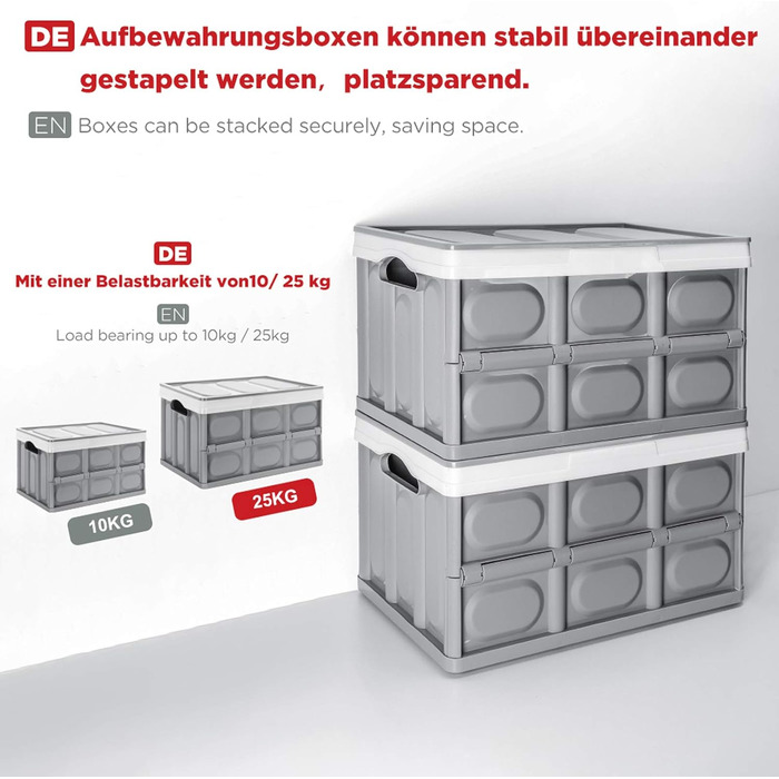 Yorbay 2-Piece Set 55L Professional Folding Box Transport Box with Lid, Foldable Storage Box with Handle, Stackable Boxes Storage Box Folding Boxes Stackable Boxes for Storage and Transport, PP, Grey (55L)