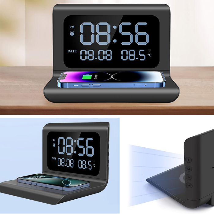 Годинник з бездротовою зарядкою для телефону, LED-дисплей, 15 Вт