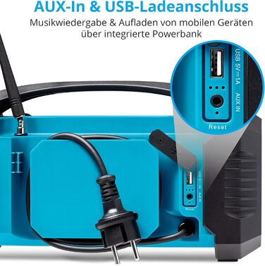 Радіоприймач Medion E66877 DAB+ Baustellenradio: Bluetooth 5.0, DAB+, FM, LED-ліхтар, акумулятор/мережа, водонепроникний (IP44), синій