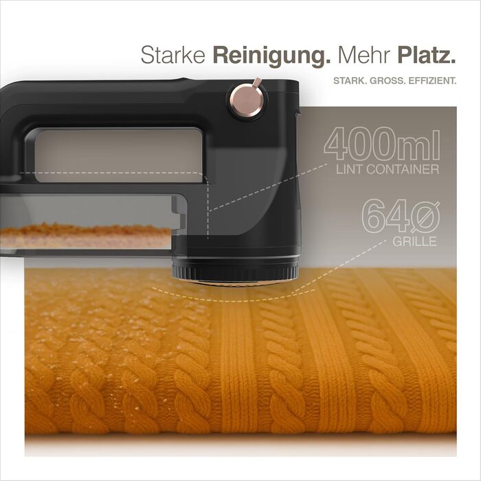 Портентум Фусселрасйер: Електричний видалення ворсу з LED-підсвіткою, 3 режими, 9000 об/хв, 6-клинковий насадка, USB-C, 15W для одягу та дому