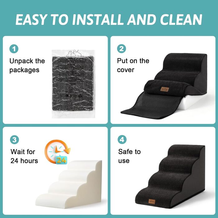 Сходинки для собак: компактні сходи для маленьких собак, 3 сходинки, чорний колір, 40x57x40 см, з миючим покриттям та протиковзким дном