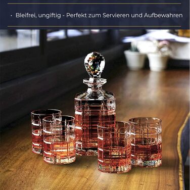 Regal Trunk & Co. Whisky Kristallgläser Set with Decanter - Set of 4 Square-Engraved Tumblers and Carafe - Crystal Whisky Decanter Set for Bourbon and Scotch - Includes Gift Box and Polishing Cloth