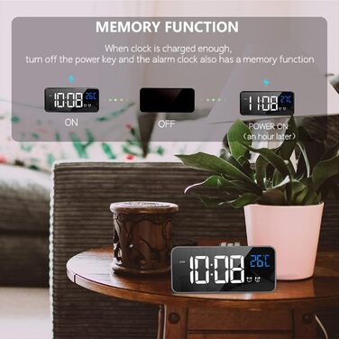 Цифровий годинник-будильник LATEC з великим LED-дисплеєм температури, USB-портом, 2 будильниками, регулюванням яскравості та гучності, функцією відкладання та дзеркалом (сріблястий)