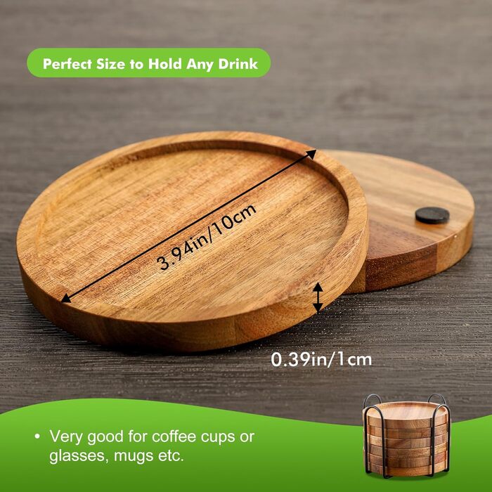 Acacia wood coasters with holder, wooden coaster set for glasses (6-piece), coasters for drinks, bar, cups, glass