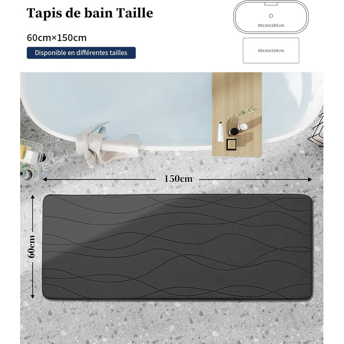 Килимок для ванної кімнати chakme з ефектом пам'яті (Memory Foam), протиковзкий та вологопоглинаючий, 60x150 см, темно-сірий