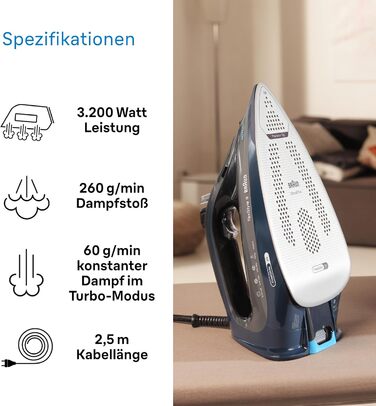 Braun TexStyle 9 SI9682 DB Steam Iron with FreeGlide 3D Technology, Vertical Steam, Anti-Drip Function, Self-Cleaning Function, 330 ml Water Tank, 260 g/min Steam Output, 3200W, Dark Blue