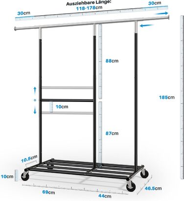 HOKEEPER Heavy-Duty Clothes Rack with Wheels, Up to 150 kg Load Capacity, Durable Clothes Rod with Shelves for Hanging, for Bedroom, Office, Business, Chrome Steel, Black