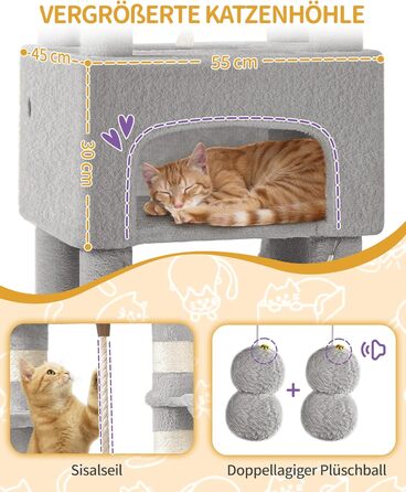 Кігтеточка для котів Hzuaneri, 176 см, XL, 3 платформи, 2 печери, 7 стовпчиків, гамак, плюшеві кульки, для багатокотових домівок, MS17618SG (Світло-сірий)